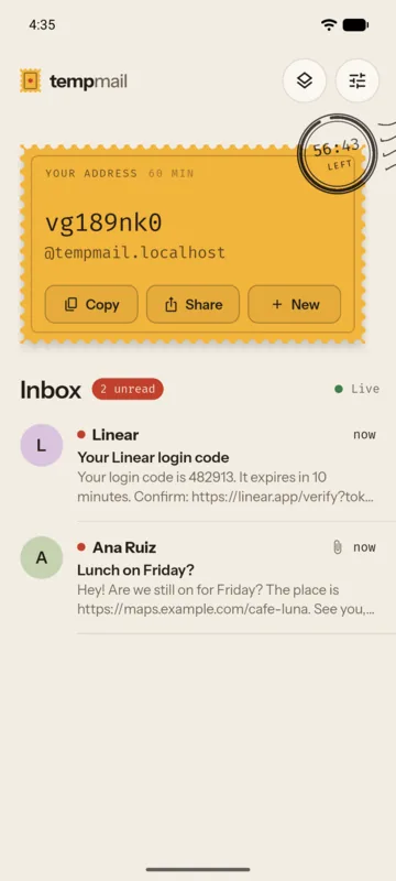 The Temp Mail app inbox: a marigold stamp holds the temporary email address and a countdown postmark, above two new messages.