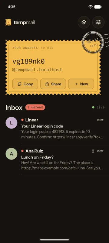 The Temp Mail app inbox: a marigold stamp holds the temporary email address and a countdown postmark, above two new messages.