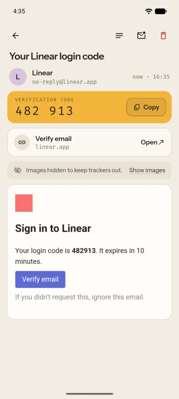 An email opened in Temp Mail with the verification code at the top, a verify-email button showing its real destination, and images hidden to keep trackers out.