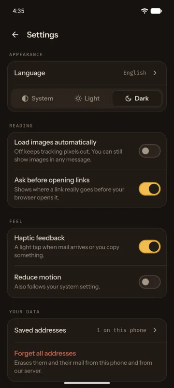 Settings in dark mode: theme, automatic image loading, link checks, haptics, reduce motion and Forget all addresses.